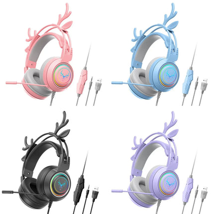 Wired Gaming Headset with Rotatable Microphone Detachable Antlers Earphones Stereo