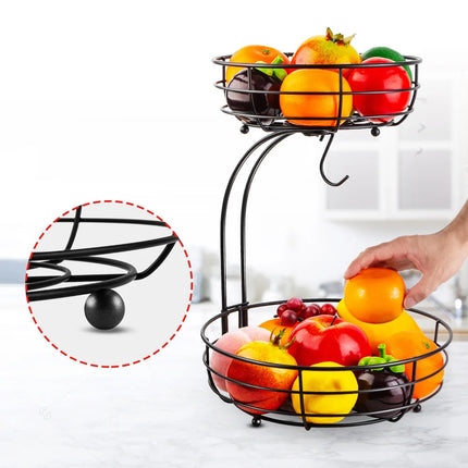 2-Tier Fruit Basket, Metal Fruit Bowl, Bread Baskets, Fruit Holder, Large Fruit Stand Organizer With Banana Hanger, Black