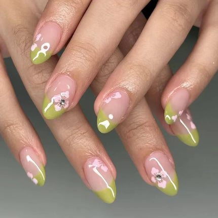 24Pcs Short Almond Press-On Nails Pink Floral French Tip Glossy&Elegant Full Cover