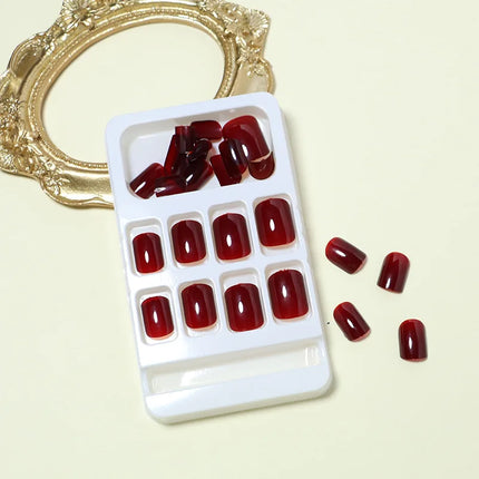 24Pcs Solid Color Wine Red Design Press on Nail Short Square