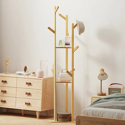 Bamboo Corner Tree Coat Rack Stand  Clothes Hanger with Hooks and Shelves