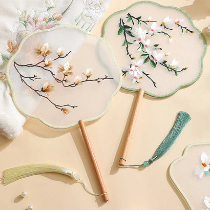 Embroidered Group Fan Ancient Style Fan Summer Long Handled Tassel Dance Hanfu Palace Fan Children's Cheongsam Round Fan
