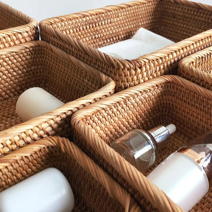 3 size Hand-woven Rattan Wicker Basket Fruit Tea Snack Bread Basket Cosmetic Rectangular Storage Box Household Kitchen Supplies