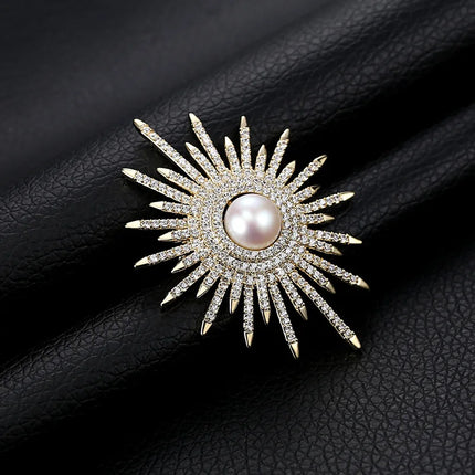 New Shiny Sun flower Brooches For Women Luxury Big Pearl Rhinestone Brooch Pins Jewelry Dress Suit Accessories Wedding Gifts