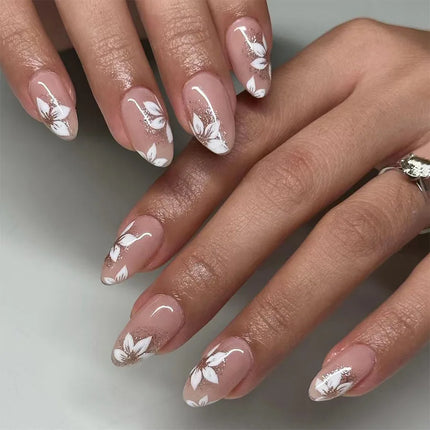 24Pcs Short Almond Press-On Nails Pink Floral French Tip Glossy&Elegant Full Cover
