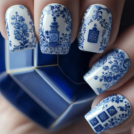 24pcs Short Square Press on Nails Jade Flower Sparkling