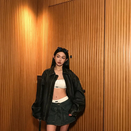 Spring Autumn Cool Handsome Retro Oversized Distressed Brown Soft Faux Leather Jackets for Women Zipper Runway Fashion