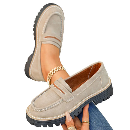 Women's Retro Thick Bottom Slip-On Loafers Comfortable Casual round Toe PU Leather