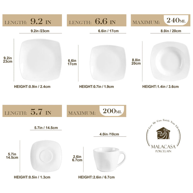 MALACASA 30/60 Piece Porcelain Dinner Tableware Set Dinner Soup Dessert Plates Cups and Saucers Set Service for 12 Person