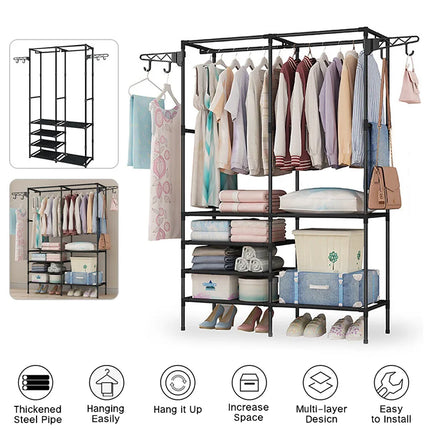 Clothes Rack Double Row Clothes Rack Large Floor Hangers With Hanging Hooks Shoes Household Storage Shelf Modern Coat Rack