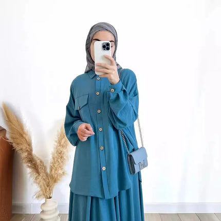 2-Piece Long Sleeve Shirt and Skirts Set for Women Elegant Abaya Dubai Turkey Islamic Casual Tops Monochromatic Skirt Fashion
