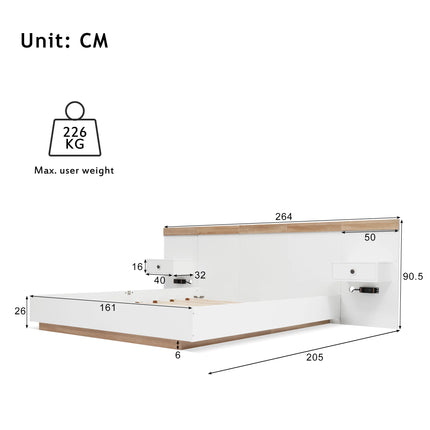 Double bed 160 x 200 cm with 2 LED bedside tables and USB C socket, including 2 bedside tables, bedroom complete - 205x264x90.5