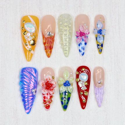 10Pcs Custom 3D beautiful handmade Flowers Manicure Press On Nails,