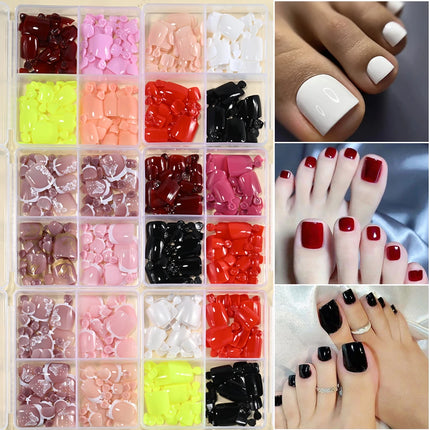 96Pcs-box Short Press On Toe Nails Red High Saturation Fake Toe Nails French