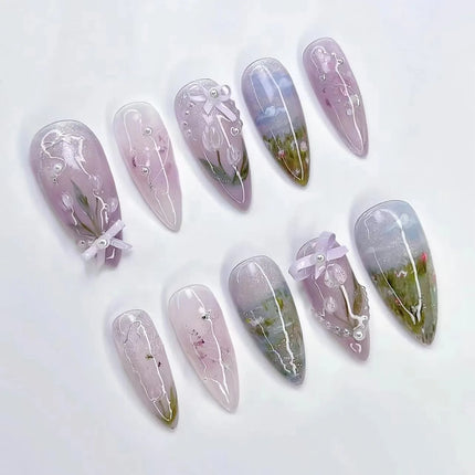 24Pcs Peach Blossom Press on Nails Cat's Eye Nude Glitter False Nail