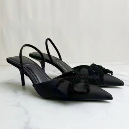 2025 Summer Women Slingback Shoes Black Bow Decoration Pointed Toe High Heels Formal Business Stiletto Female Party Sandals