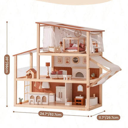 Robud Wooden Dollhouse 6 Rooms 29 Realistic Accessories 4-6" Dolls  Nordic Style Kids Toddlers Gift Ages 3+