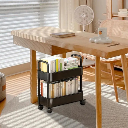 2 Tiers Movable Bookshelf Multi-Functional Storage Shelve Book File Organizer Mobile Book Cart for Home Bedroom School Office