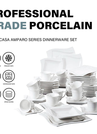 MALACASA Amparo 30/60 Piece White Porcelain Dinnerware Set Cups Saucers Dessert Soup Dinner Plates Service for 6/12 Persone