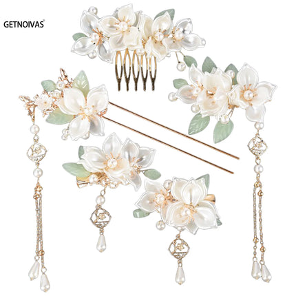 Chinese Hanfu Hair Accessories Set Long Tassel Vintage Hairpins Flower Handmade Hair Sticks For Women Traditional Retro Jewelry