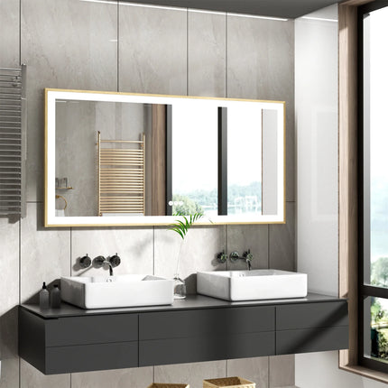 LED Bathroom Vanity Mirror Gold Frame Front Lighted Aluminum Rectangle Beveled Edge Tricolors Stepless Dimmable