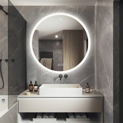 Round Bathroom Mirror with LED Lights Wall-mounted Anti-fog Mirror Light Touch Switch Color Temperature Adjustable Stepless Dimm