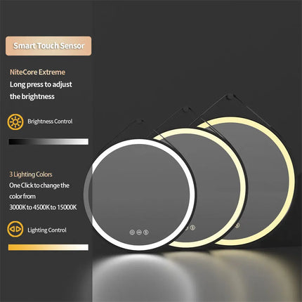 Round Mirror 600/700/800mm LED Bathroom Mirror Illuminated Wall Mirror Anti-fog Dimmable with Leather Belt