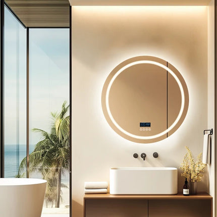 LED Bathroom Mirror 800mm Round Wall Mirror Bluetooth Colour Dimmable Front+Backlit Anti-fog Memory Time Temperature Display