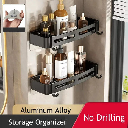 2pcs Bathroom Corner Shelf With Hook No Drill Space Aluminum Wall Mounted Shower Holder Shampoo