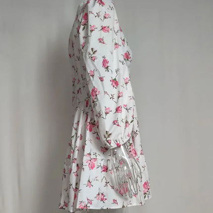 Luxury new elegant sweet print V-neck lace short long sleeve floral dress women