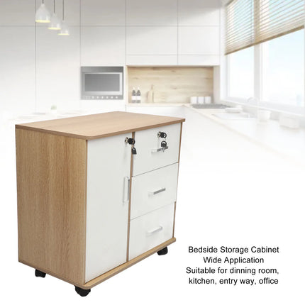Bedroom Storage Cabinet Bedside Storage Cabinet with Lock Removable Wheels Anti Theft Wood Bedroom End Table for File Document