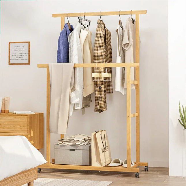 Heavy Duty Clothes Rail Double Layer Garment Hanging Display Stand Rack Wardrobe with Rolling Wheel