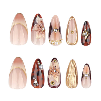 24Pcs Gold Ripple Brown Flowers False Nails with Rhinestones Pearl Design