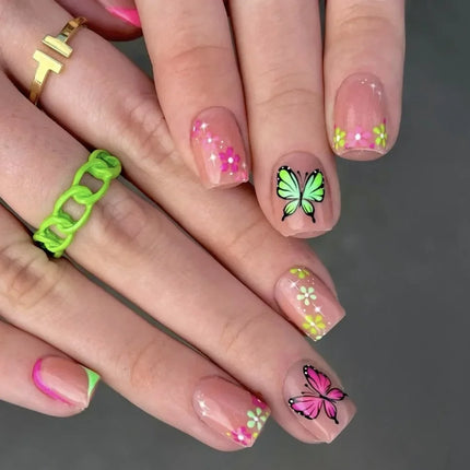 24Pcs Short Almond Press-On Nails Pink Floral French Tip Glossy&Elegant Full Cover