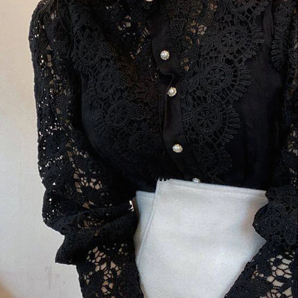 Women Chiffon Button Turtleneck Shirt Chic Elegant Floral Lace Fluffy Long Sleeve Top Fashion Hollow Oversize White Blouse 2024
