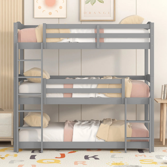 Triple Bunk Bed for 3 Children 90x200cm with Fall-out Protection and Slatted Frame,Solid Wood Bed with Side Ladder,No Mattress