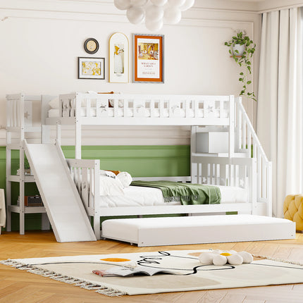 Children bed 90x200/140x200 cm, solid wood bunk bed with slide and shelf with safety levels, trundle bed and slatted frame, White