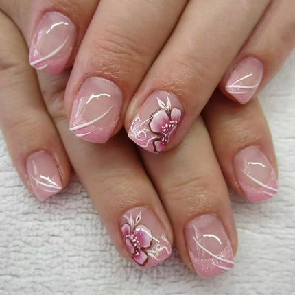 24pcs Short Square Press on Nails Jade Flower Sparkling