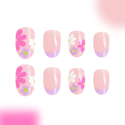 24Pcs Short Almond Press-On Nails Pink Floral French Tip Glossy&Elegant Full Cover