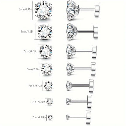 7pcs/Set Stainless Steel Crystal Flat Studs Women Men Bar Screw Back Tragus Round Clear Cubic Zirconia Piercing Earrings Jewelry