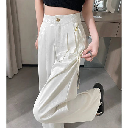 New Chinese Style Jacquard Wide Leg Satin Pants for Women Elegant Solid Office Lady Women's Casual Loose Pants Female
