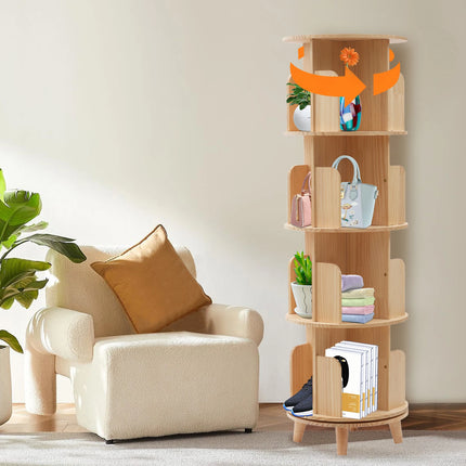 360 Degree Rotating Bookshelf Wood Display Stand Storage Sheves Rack Bookcase 4 Tiers Books Organizer Floorstanding