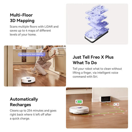 Narwal Freo X Plus 7800Pa Robot Vacuum Cleaner 3.5H Runtime Tri-Laser Structured Light Zero-Tangling Floating Brush 1L Dust Bin