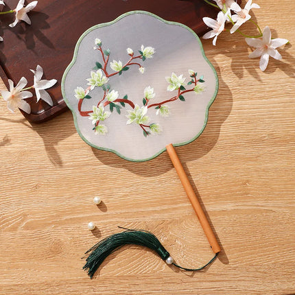 Embroidered Group Fan Ancient Style Fan Summer Long Handled Tassel Dance Hanfu Palace Fan Children's Cheongsam Round Fan