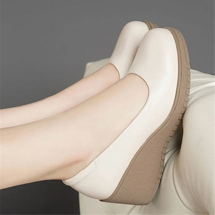 light weight black spring comfort slip on wedge heel shoes lady cool black leather heel