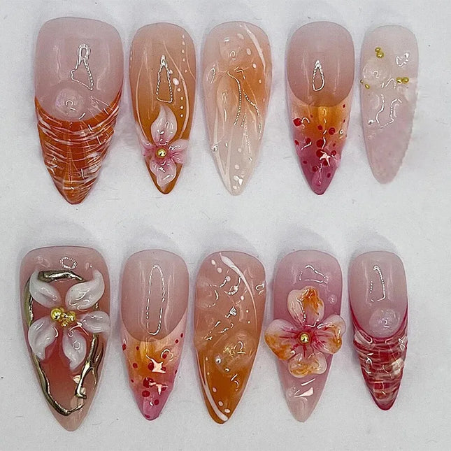 24Pcs Mid-length Almond False Nails Press on 3D Flower Design