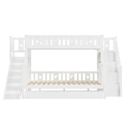 Children bed 90x200/140x200 cm, solid wood bunk bed with slide and shelf with safety levels, trundle bed and slatted frame, White