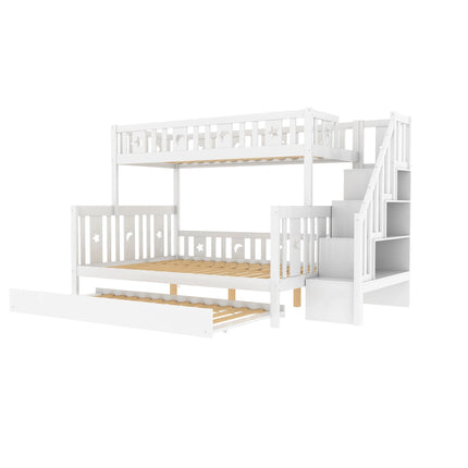 Children bed 90x200/140x200 cm, solid wood bunk bed with slide and shelf with safety levels, trundle bed and slatted frame, White