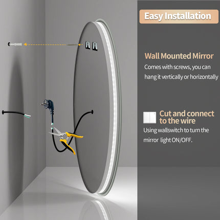 LED Bathroom Mirror 600/800/900MM Round Demisting Makeup Shaving Mirror Front Light + Backlit Wall Vanity Mirror 3 Colour
