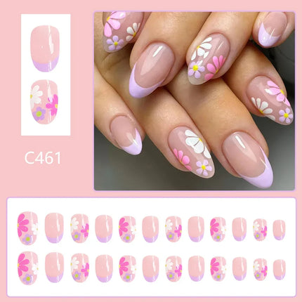 24Pcs Short Almond Press-On Nails Pink Floral French Tip Glossy&Elegant Full Cover